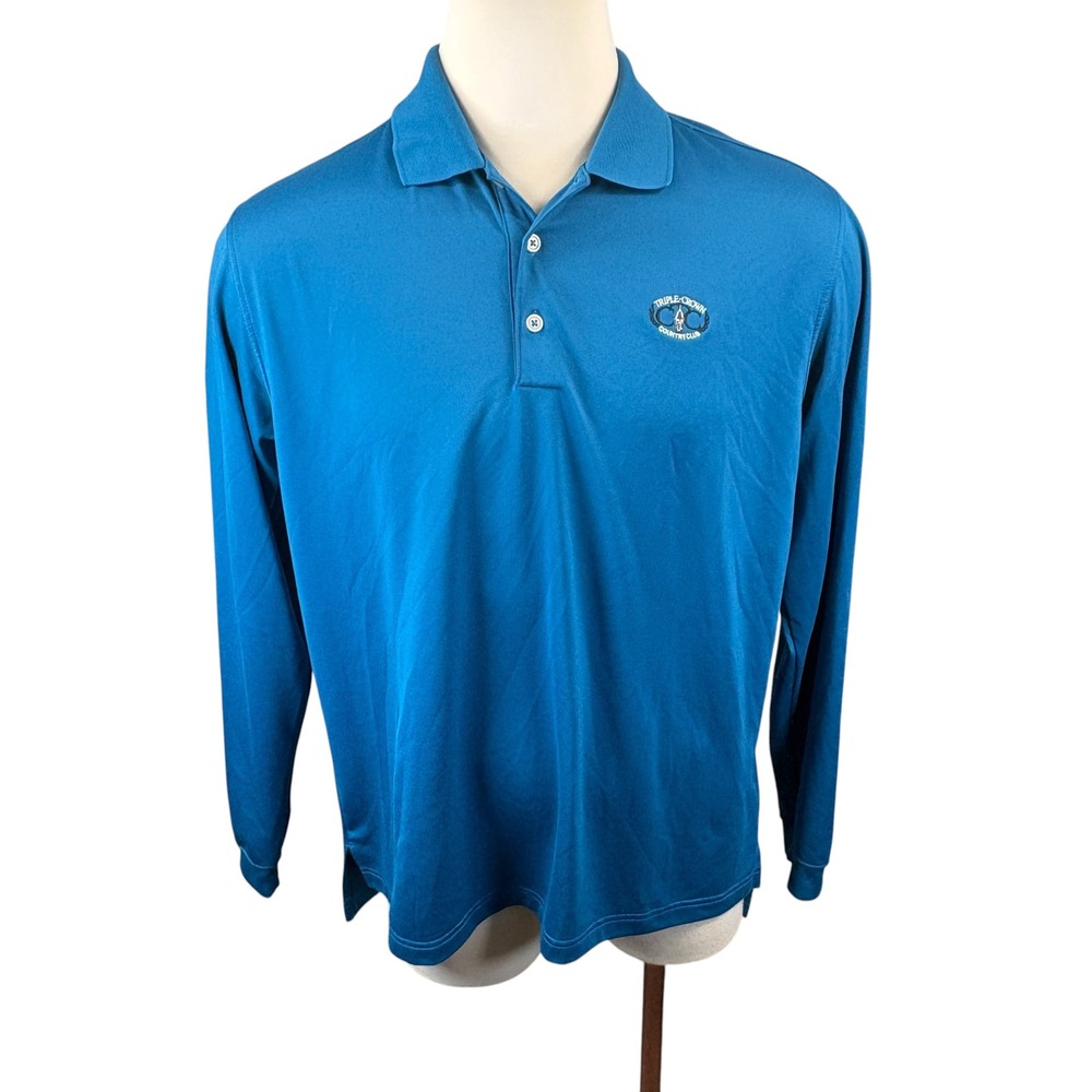 NWOT Adidas Golf Mens Climalite Long Sleeve Polo Shirt‎ Blue Triple Crown CC Lg